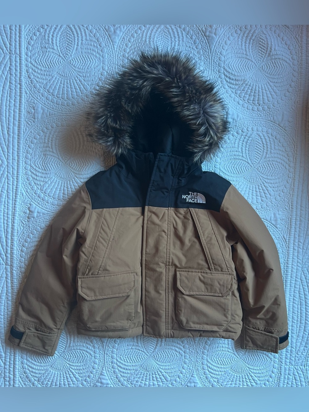The North Face Kids' Tan and Black Hooded Puffer Jacket with Faux-Fur Trim
